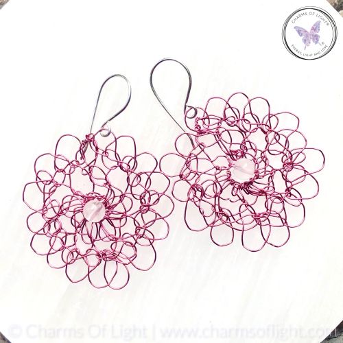 Copper Wire Crochet Medallion Earrings With Clear Quartz (Pink)